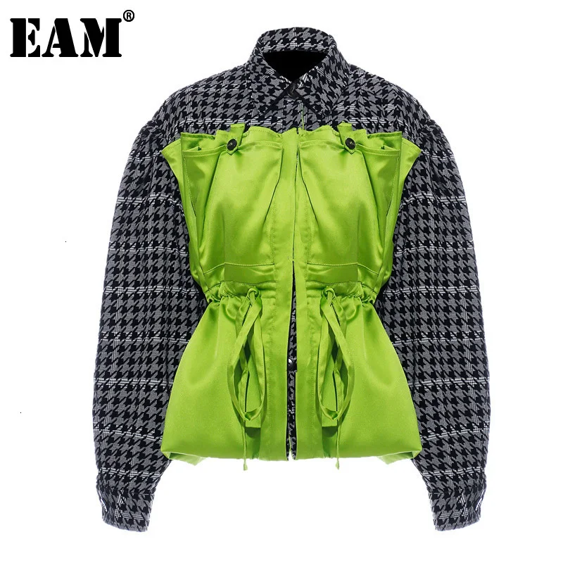 

[EAM] Свободная клетчатая куртка большого размера с разрезом на завязках, новая женская куртка с отворотом и длинным рукавом, модная весенне-о...