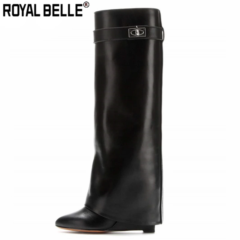 Женские ботинки с замком акулы сапоги до колена из натуральной кожи ремешком и