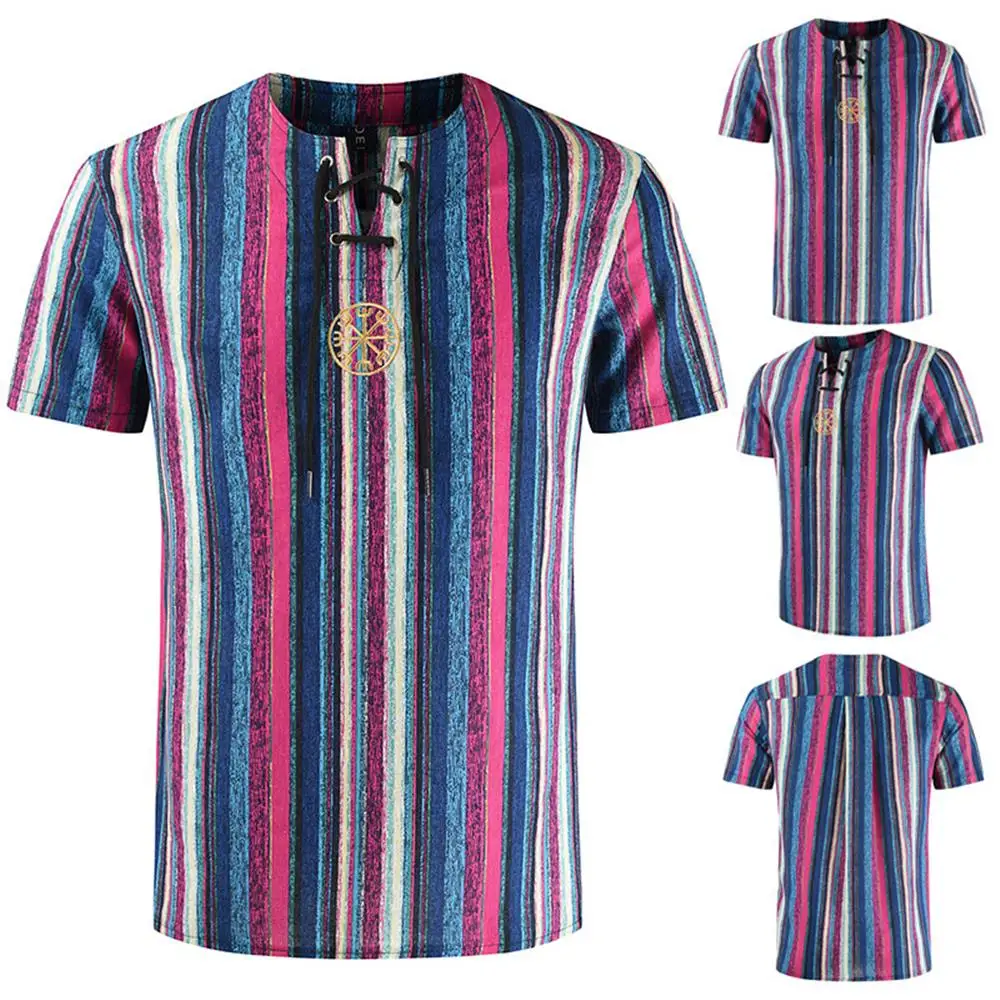 

Men Summer Tops Ethnic Printed Striped Short Sleeve T Shirt Casual Holiday Beach Tees