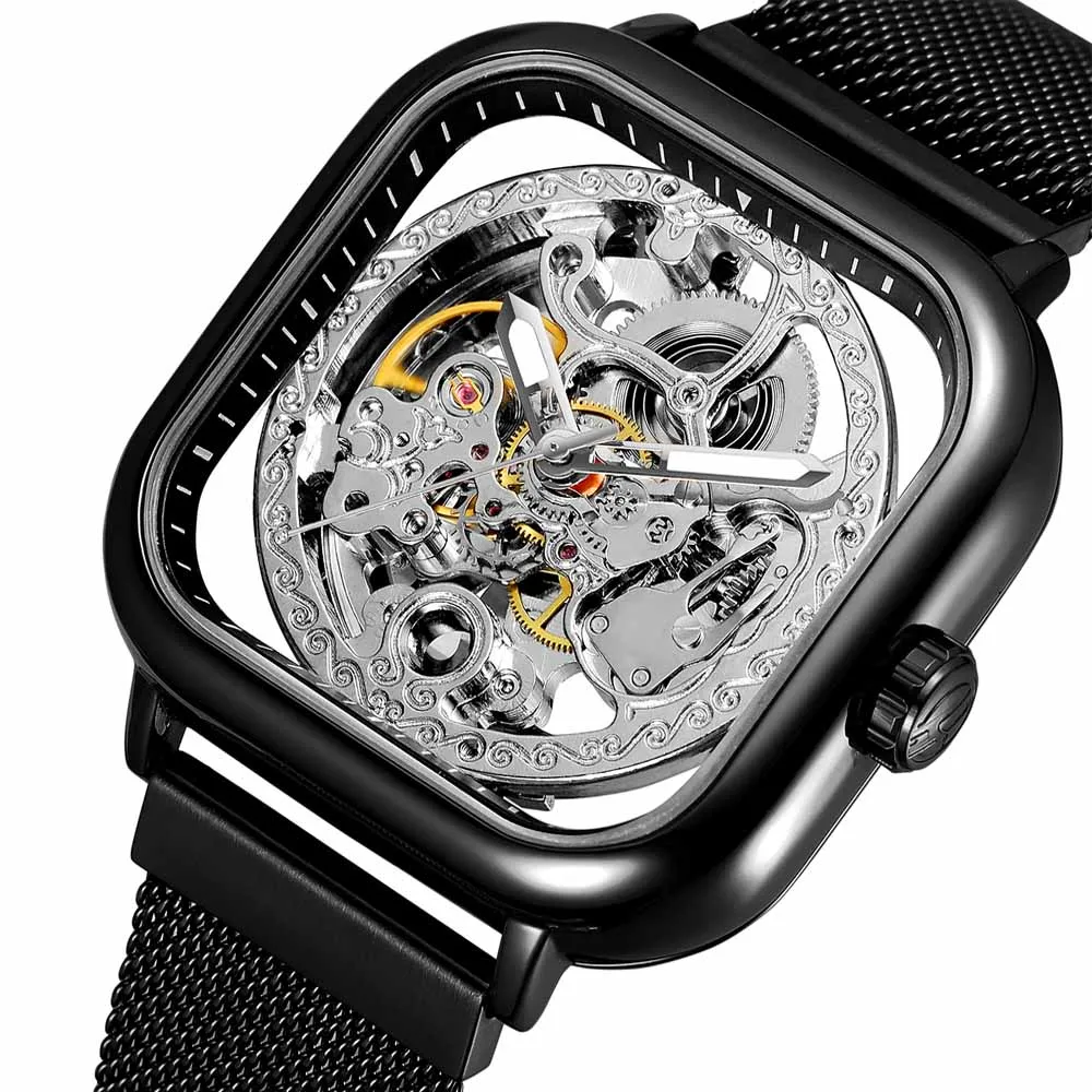 black silver Прозрачные автоматические механические часы мужские стимпанк Скелет Роскошные сетчатые золотые часы из нержавеющей стали мужские часы montre homme - Цвет: black silver
