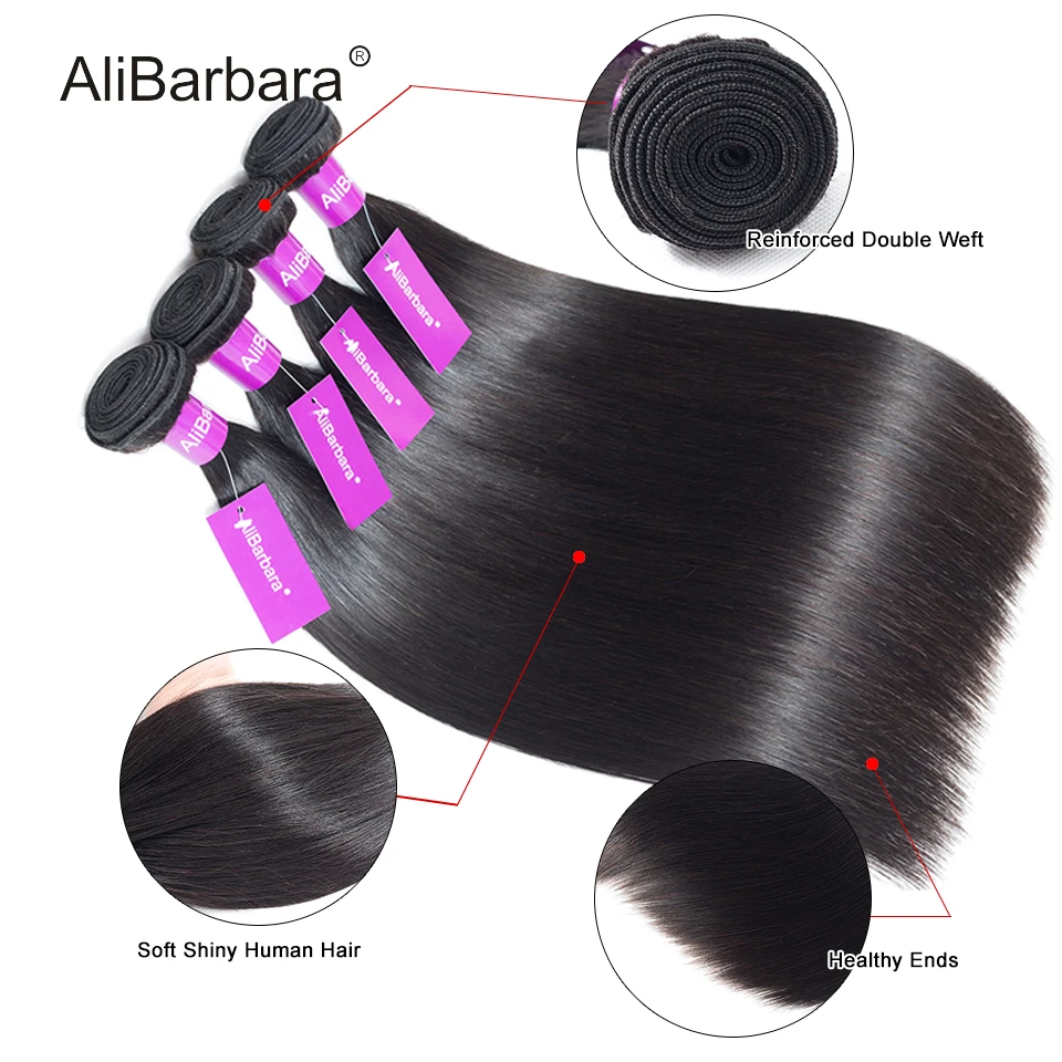 AliBarbara Remy прямые пучки волос с закрытием перуанские человеческих 4x4 | Шиньоны и
