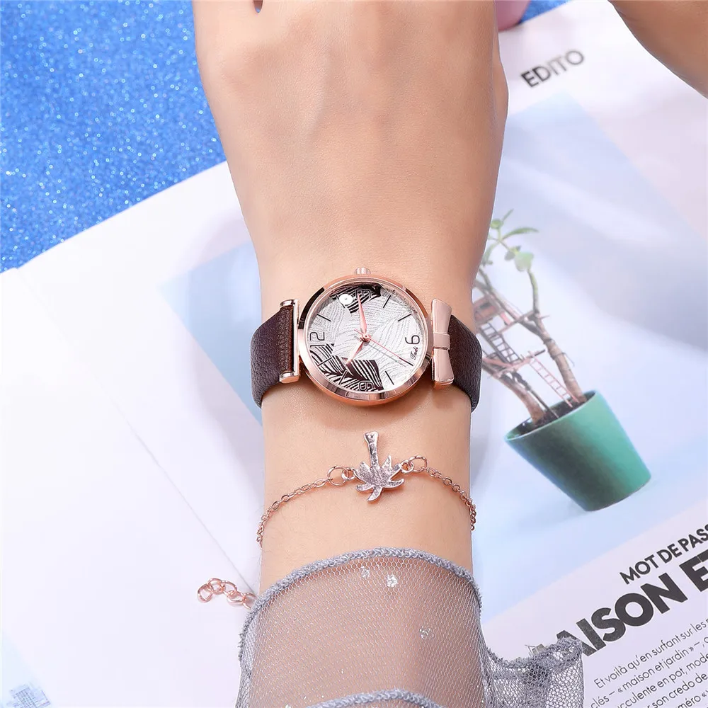 

2021 Latest Simple Fashion Female Leaf Pattern Quartz Watch Casual Leather Thin Watch Simple Ladies Candy Color Romantic Formal