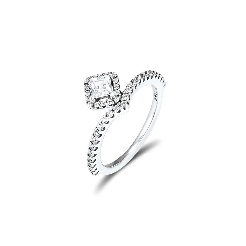 

Clear CZ Square Sparkling Wishbone Ring Jewelry 925 Sterling Silver Rings for Women Engagement Party Ring Crystal Girl Ring Gift