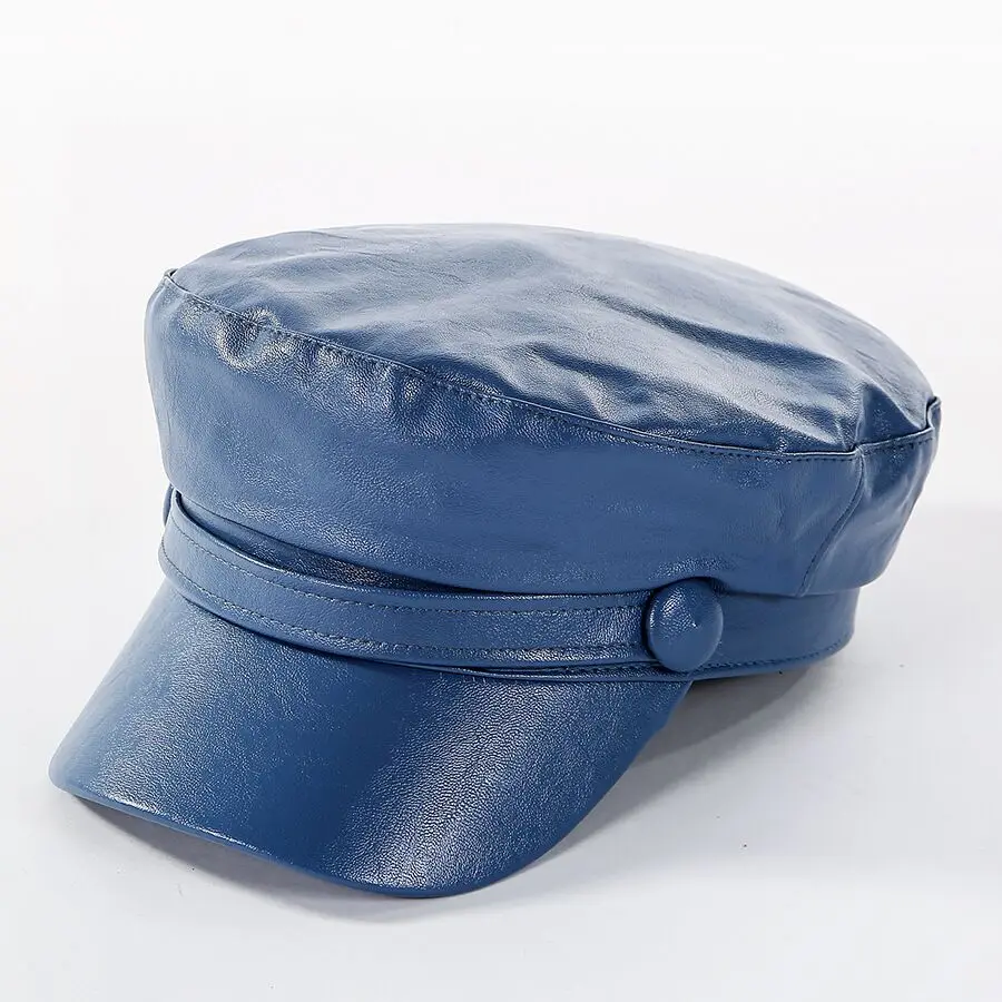 Women Fashion Leather Military Hats Winter Vintage Black Leather Snapback Caps Female Newsboy Hat Casequette Beret Caps