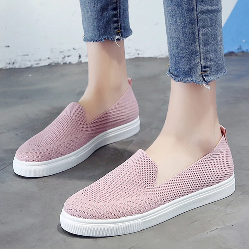 

Женские сетчатые кроссовки без шнуровки, розовые или черные повседневные туфли на плоской подошве, 2020