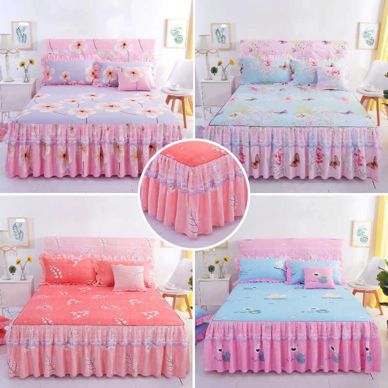 

Fashion Lace Flowers Pattern Bed skirt Double Layer Frilly Ruffles Bedspread Flower Print Bed Cover
