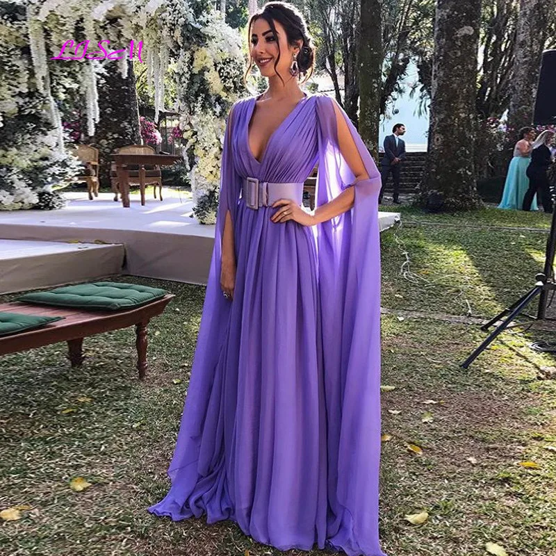 Купи Elegant Chiffon Purple Evening Dress Long Sleeves Floor Length Prom Dresses Deep V-Neck Sash Robe de Soiree 2022 за 5,100 рублей в магазине AliExpress