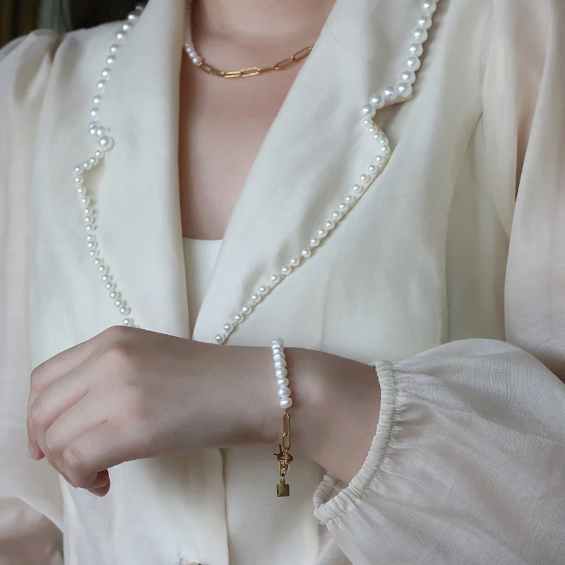 Amaiyllis 18K Gold Natural Freshwater Pearl Clavicle Necklace Color Chain Bracelet For Women Jewellry 18k Gift | Украшения и