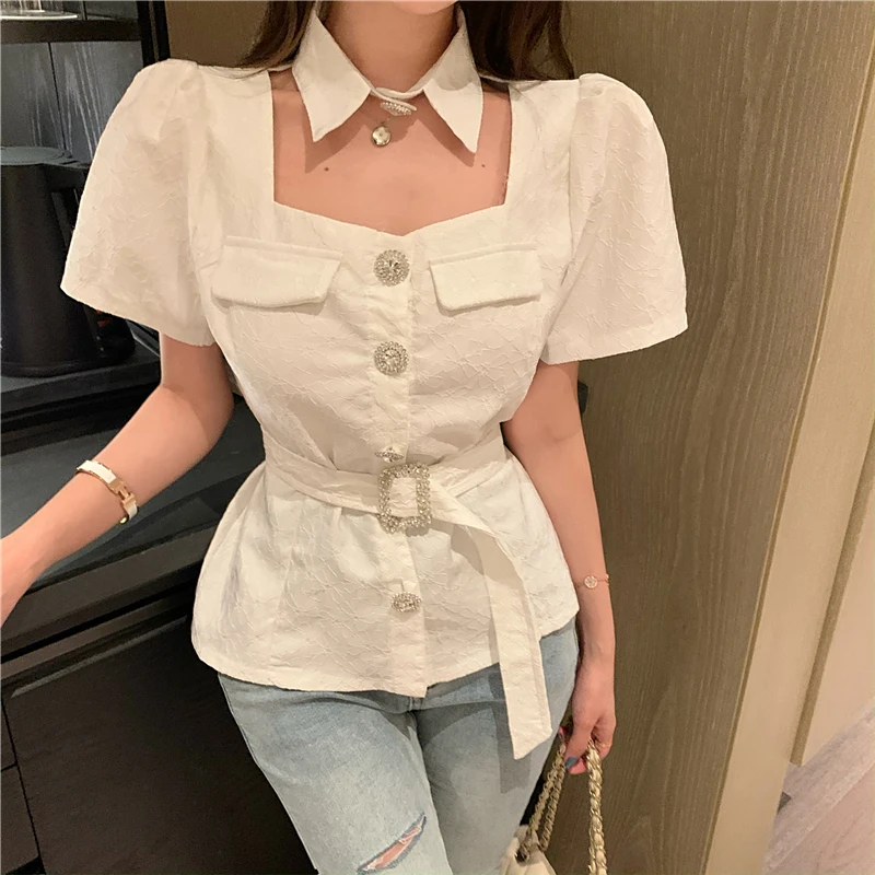 

sweet style crop top Women's Clothing new summer temperament square collar halter shirts hollow out Korean ladies tops new