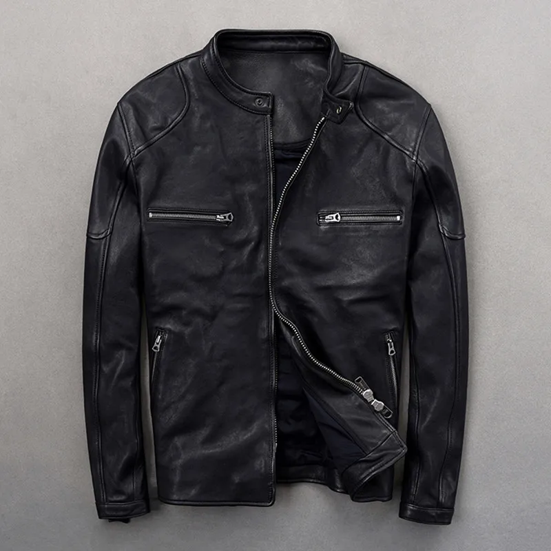 

2020 Black Men Slim Fit Biker's Jacket Plus Size XXXL Genuine Sheepskin Autumn Short Motorcycle Leather Coat