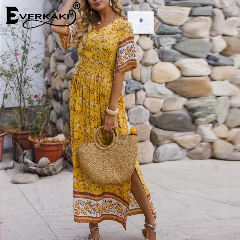 Женское длинное платье в стиле бохо Everkaki летнее с цветочным принтом разрезом