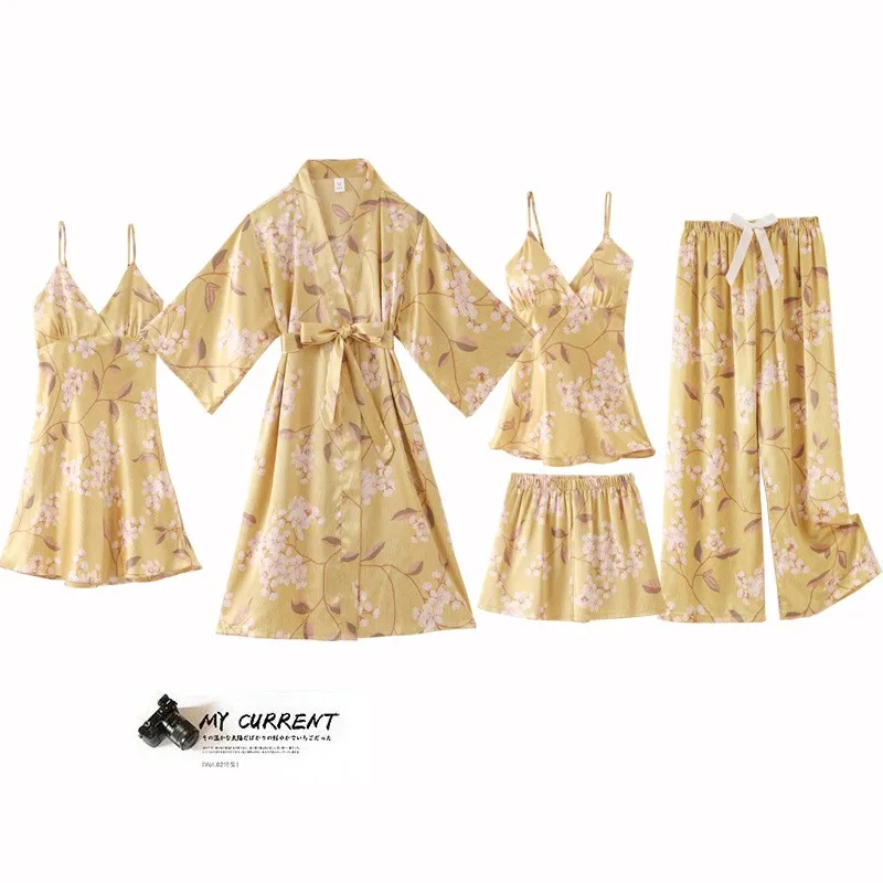 

5PCS Pajamas Set Women Sleepwear Print Flower Sexy Robe Kimono Gown Thin Silky Satin Pijamas Suit Loose Soft Casual Home Clothes