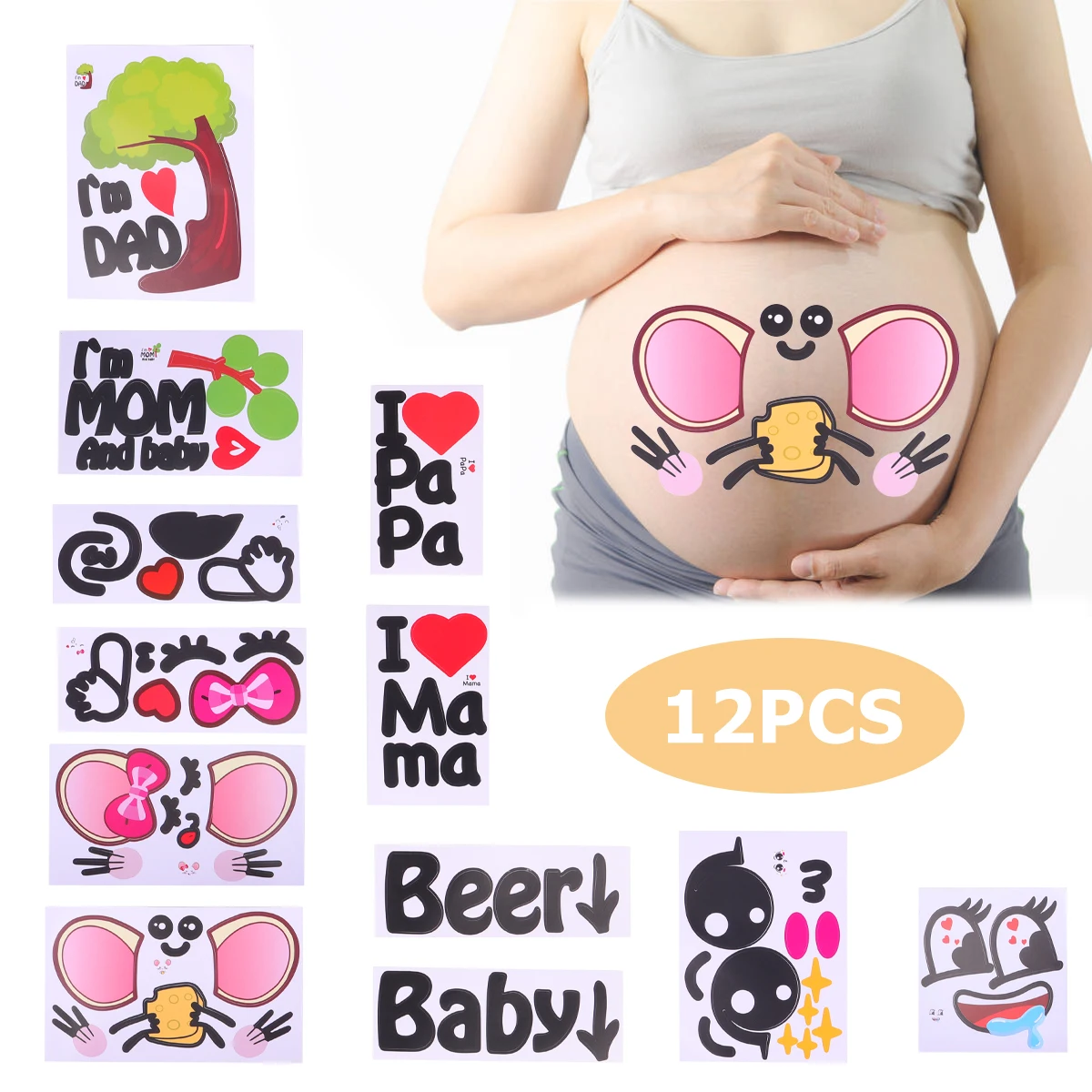 

12 Sheets Women Pregnant Body Temporary Tattoos Pregnancy Photographs Belly Painting Photo Stickers Maternity Photo Props