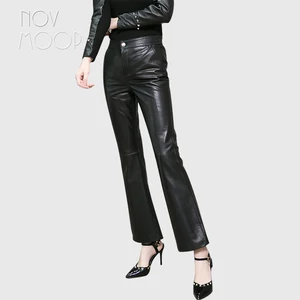 Novmoop Офисная Леди Зима Весна черный овчины Натуральная кожа брюки для девочек сзади эластичный спереди Кнопка Декор spodnie pantalon LT2984