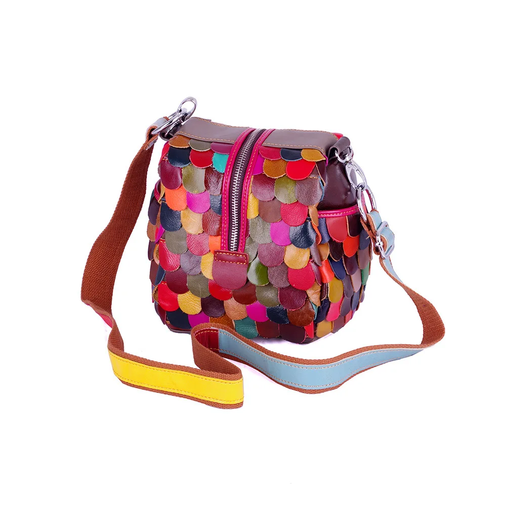 

Genuine Leather Panelled Shoulder Bags Colorful Messenger Bags for Women