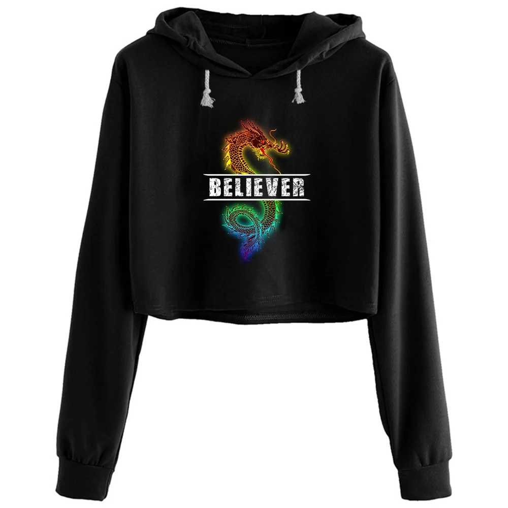

Dragon Believer Imagine That Crop Hoodies Women Goth Grunge Harajuku Anime Pullover For Girls