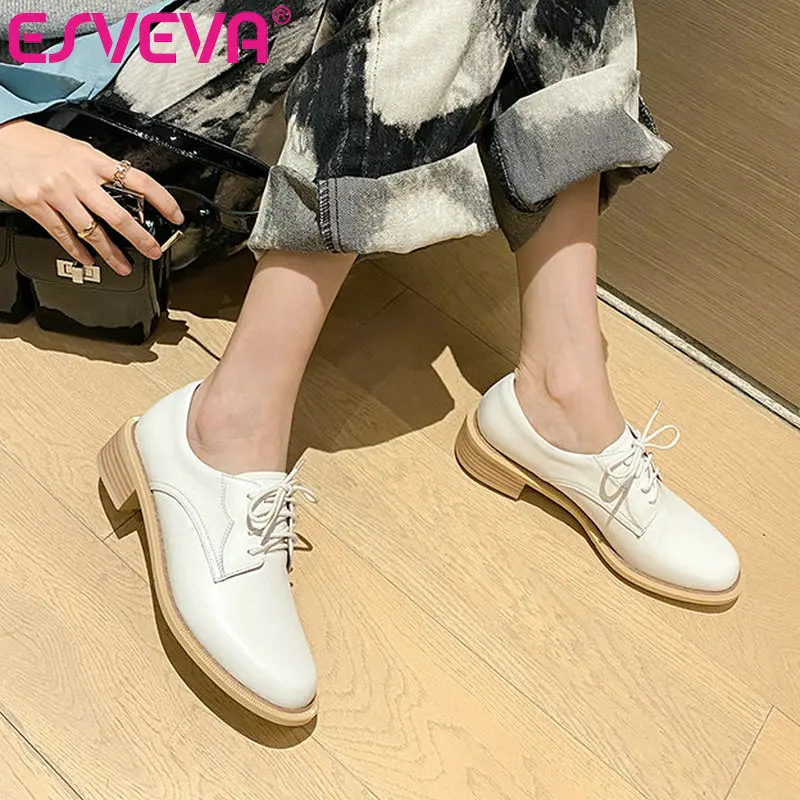 

ESVEVA 2021 Genuine Leather Lace Up All Match Women Shoes Spring Pumps Casual Round Toe Concise Female Square Heels Size 34-39