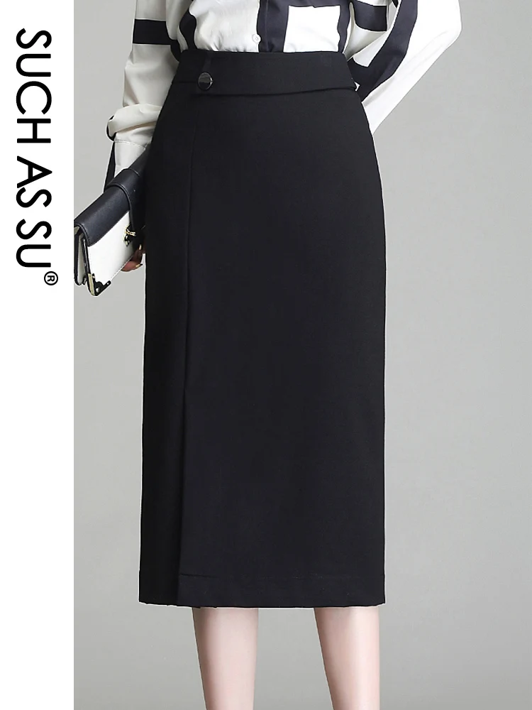 SUCH AS SU Skirts 2021 Spring Summer Women Black Knitted High Waist Wrap Skirt S-3XL Size Mid Long Pencil Skirt Female