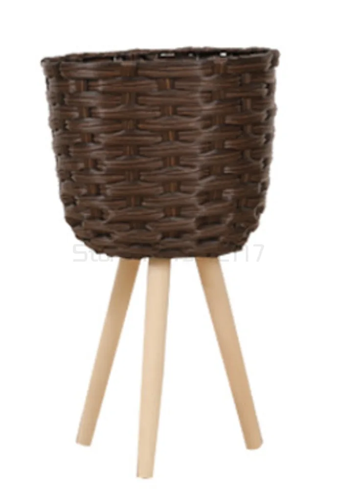 

Wooden floor flower stand straw basket flowerpot floor decoration nordic living room balcony simple garden plant pot stand