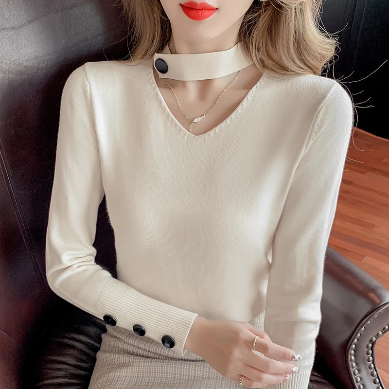

2021 базовый однотонный осенне-зимний свитер с V-образным вырезом, пуловер, Женский вязаный свитер, облегающий свитер с длинным рукавом