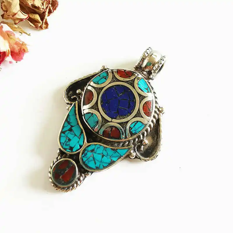 Тибетские Ювелирные изделия Медная Инкрустация Красочные камни подвески TBP538|hum