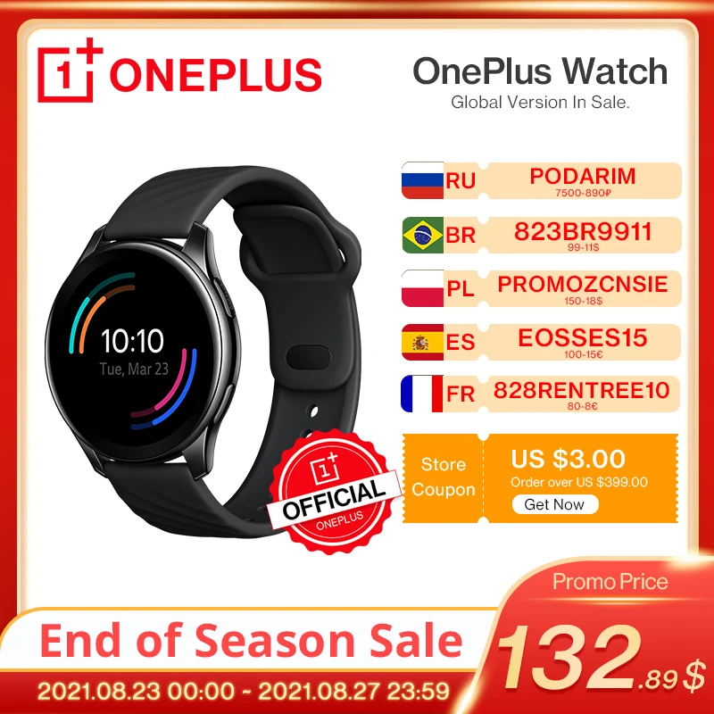  Global OnePlus Watch 4GB Smart Watch Blood Oxygen Up to 14 days 1.39'' AMOLED GPS For OnePlus 9 9Pro 8 8T OnePlus Official Store 