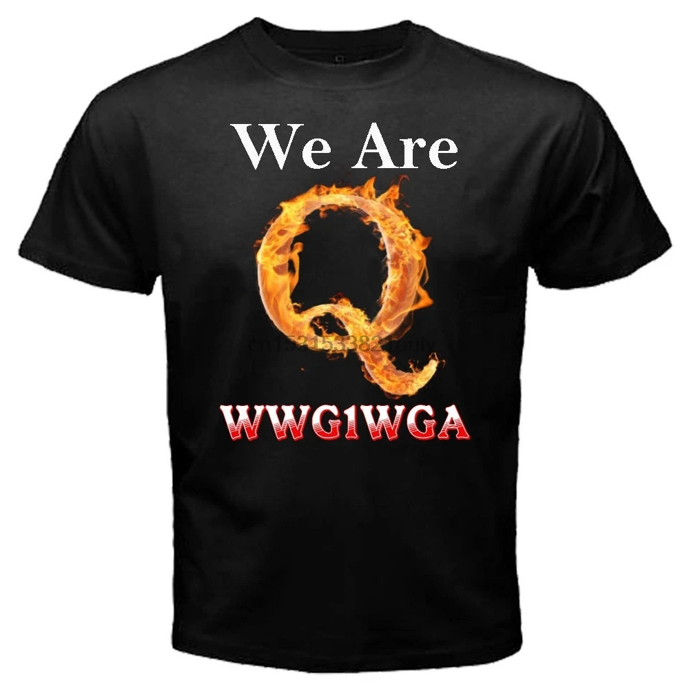 

We Are Q WWG1WGA Where We Go One We Go All American Flag Trump 2020 Republican inspired Fire Qanon Mens Black Tee Shirt T shirt