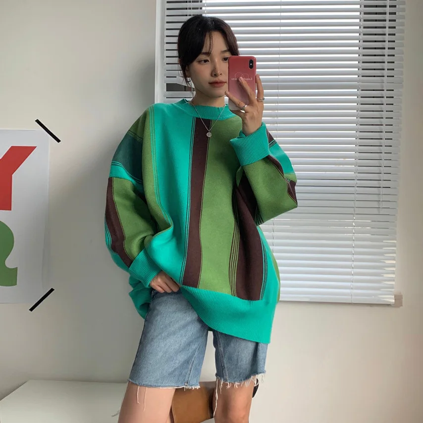 

New autumn and winter Oversize Lazy Wind Color Matching Striped Sweater Women's New Long Sleeve Knit Pullover Tops