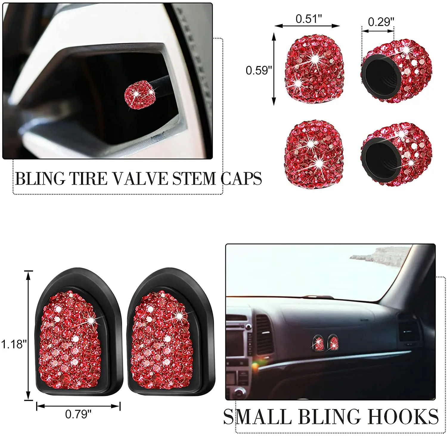 Red Car Styling Accessories for Women Interior Cute Bling Set Glitter Rhinestone Diamond Decorations Universal Use 20pcs | Автомобили и