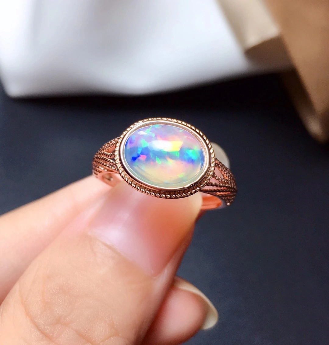 

2021 new natural opal gemstone ring for women real 925 silver fireworks color natural gem birthday party gift l 7*9mm size oval