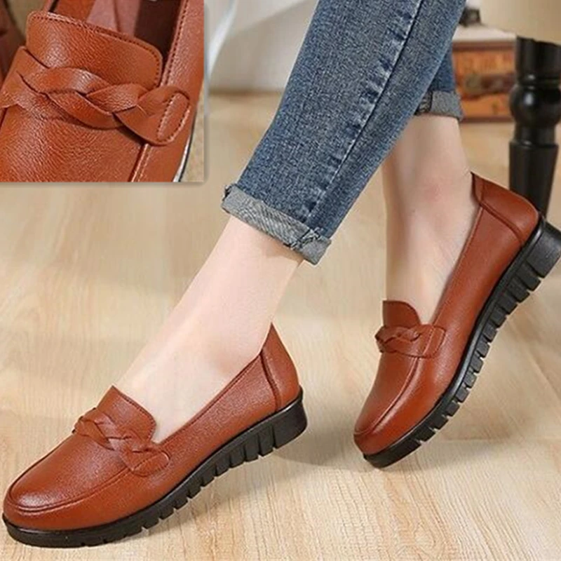 Women Genuine Split Leather Flat Loafers Shallow Round Toe Black Ballet Ballerina Nurse Slip on Mother Ladies Shoes Zapato Mujer | Обувь