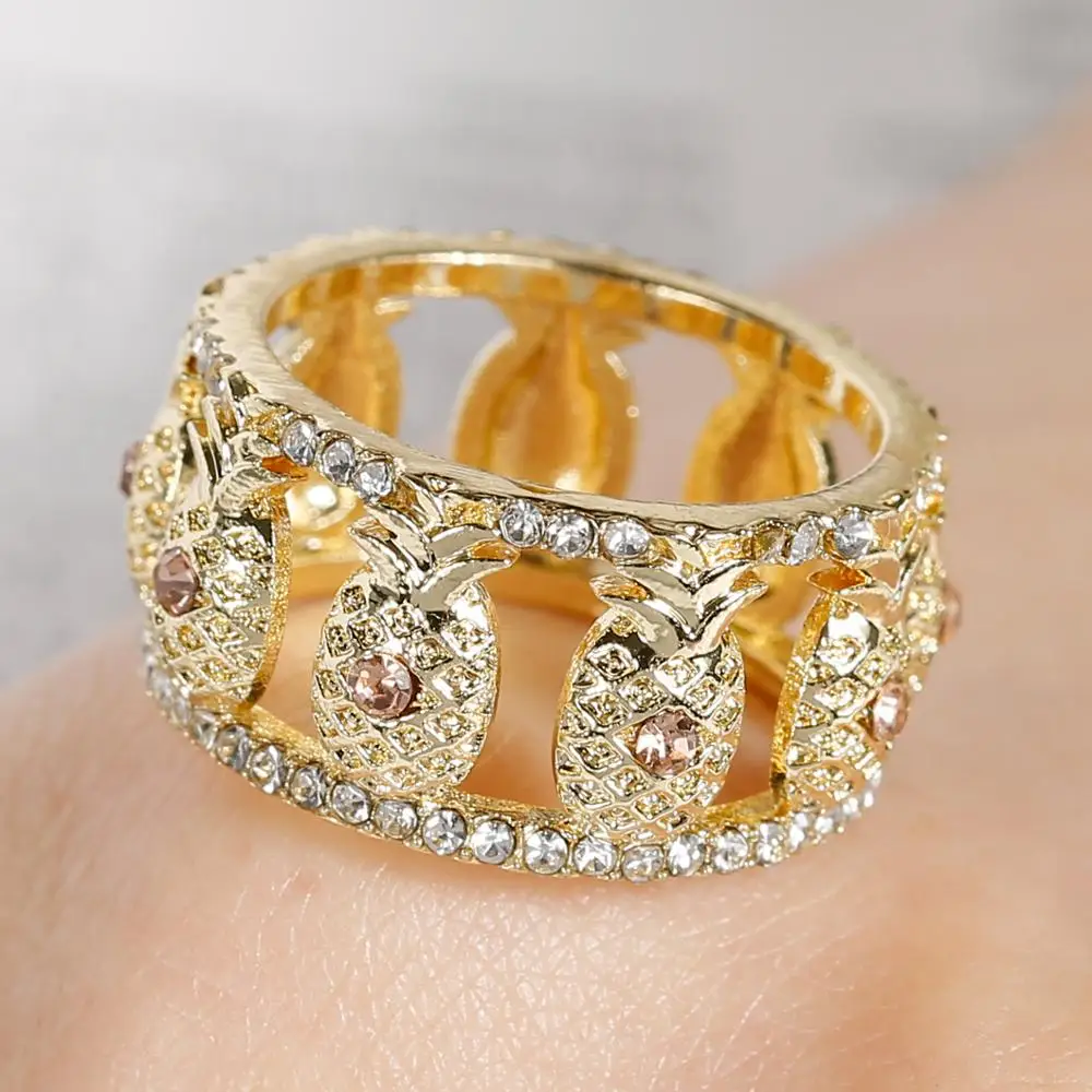 

Lovely Full Circle Small Pineapple Two-Tone Crystal Rings for Women Engagement Party Wedding Jewelry Hand Accessories Size 6-10