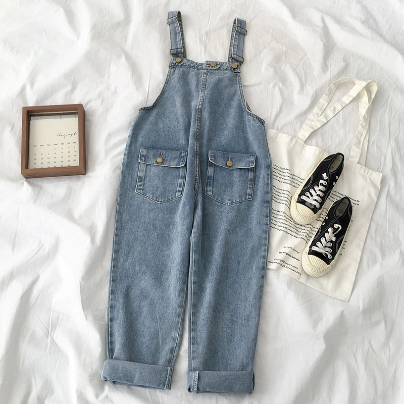 blue overall Harajuku повседневный комбинезон, женский летний комплект из двух предметов, модная Синяя Клетчатая блуза с длинным рукавом+ черные свободные длинные штаны, летний комплект - Цвет: blue overall