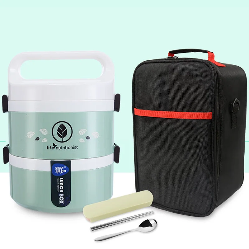 2 Layer Green bag Тепловой герметичный Ланч-бокс из нержавеющей стали для детей, портативный школьный изолированный бэнто-бокс, термос, контейнер для еды, Ланчбокс - Цвет: 2 Layer Green bag