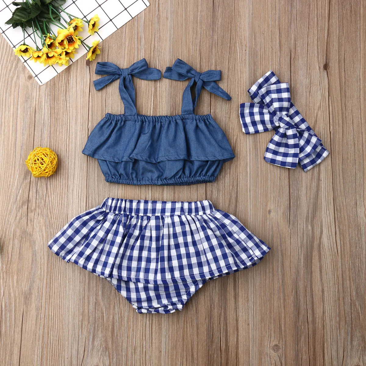 New Fashion Newborn Clothes Sets Baby Girl Sling Ruffle Crop Top Girls Plaid Mini Skirt Headband 3Pcs Outfits Clothes