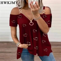 women fashion summer casual off shoulder short sleeved tops deep v neck zipper blouses ladies loose printing t shirt xs 8xl