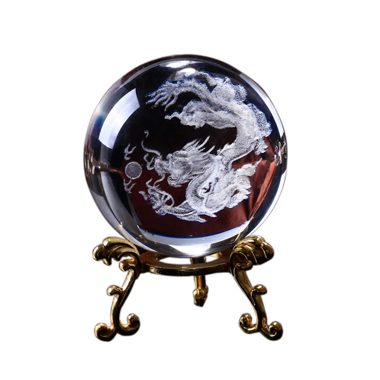 

3D Carved Circular Chinese dragon Transparent Crystal Glass Crafts Ornaments Figurines Feng Shui Home Decor birthday gift