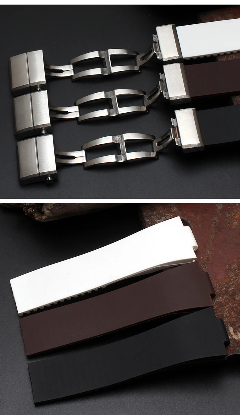 CARLYWET 25mm x 12mm(20mm buckle)Black Brown White Silicone Rubber Watch Band Strap Silver Buckle Clasp For Ulysse Nardin