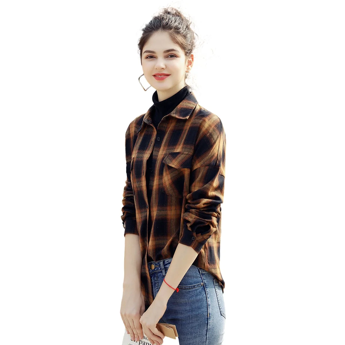 Brushed Plaid Shirt Ladies Long Sleeve Spring 2021 New All-match Ladies Top