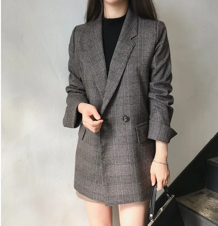 

Vintage Double Breasted Office Ladies Plaid Blazer Long Sleeve Loose Houndstooth Suit Coat Jacket Women blazers Female 2020
