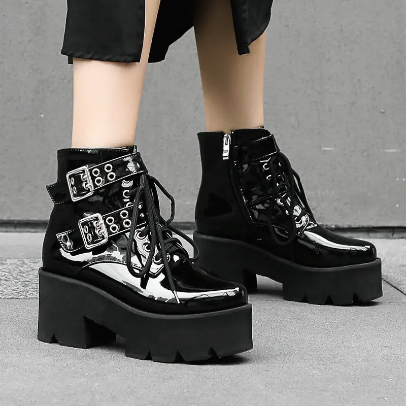 

2021 Black Autumn Platform Women Boots Thick High Heel Ankle Boots Lcae Up Zipper Motorcycle Boots Winter Ladies Shoes Size 43