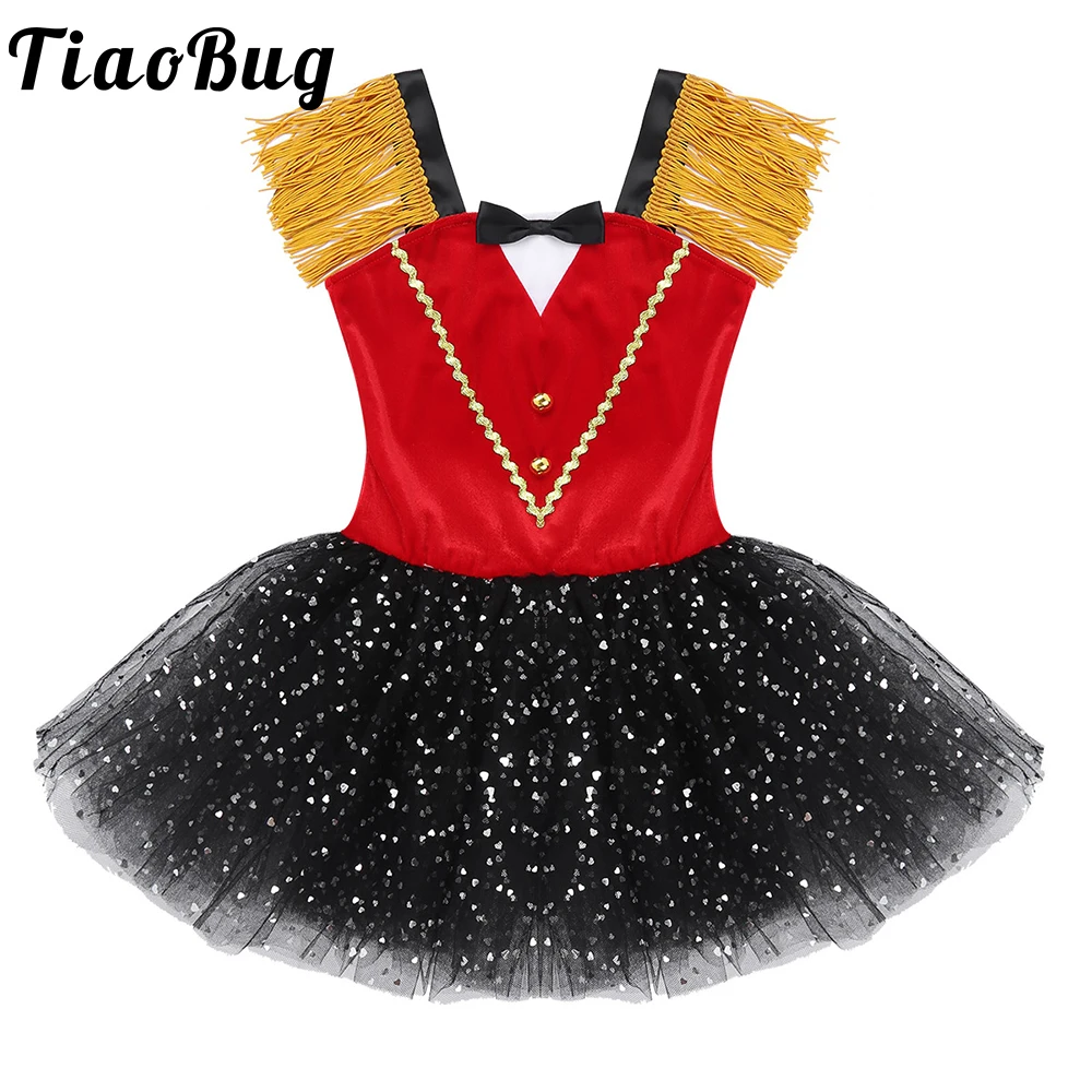 Kids Girls Tutu Dress Halloween Circus Ringmaster Costume Dancewear Sleeveless Tassel Foil Sequins Mesh Leotard Christmas Outfit