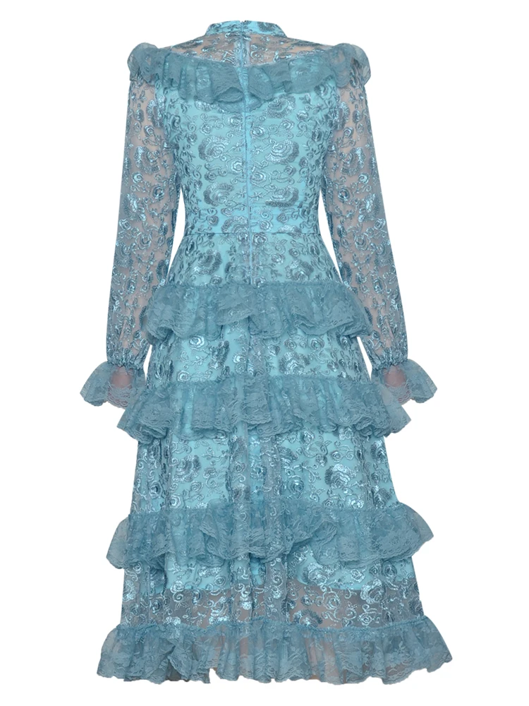 

Quality Lace High Dress 2021 Spring Summer Style Women Stand Neck Lurex Embroidery Cascading Ruffle Sexy Red Blue Purple Dress