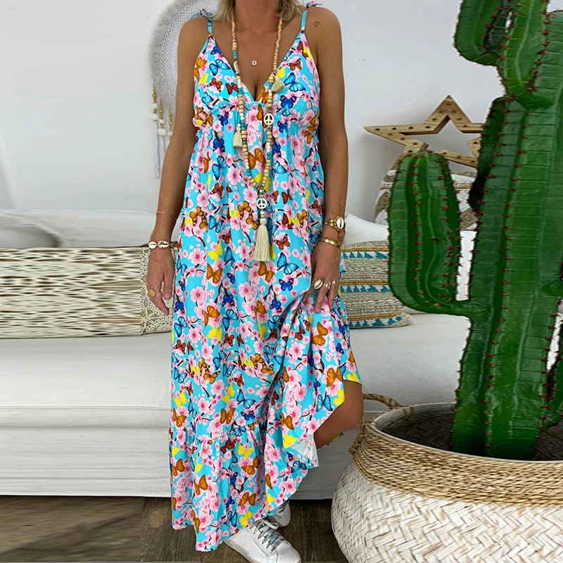 Элегантные женские платья в богемном стиле с цветочным принтом v образным