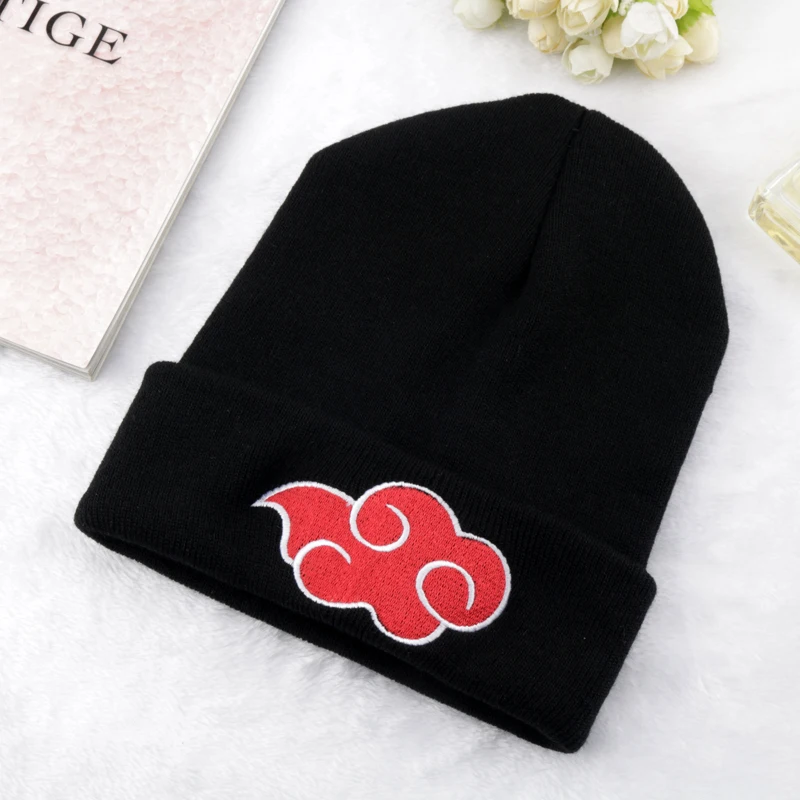 

Autumn Winter Hat Akatsuki Cosplay Red Cloud Embroidery Knitted Women‘s Hat Woolen Men's Caps Keep Warm Unisex
