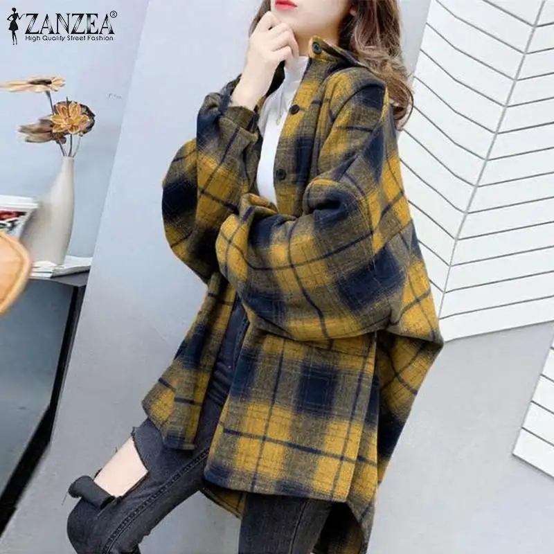 

Button Down Front Grid Printing Thick Jackets Bohemian Elegant Fashion Casual Chemise ZANZEA Autumn Women Full Sleeve Coats