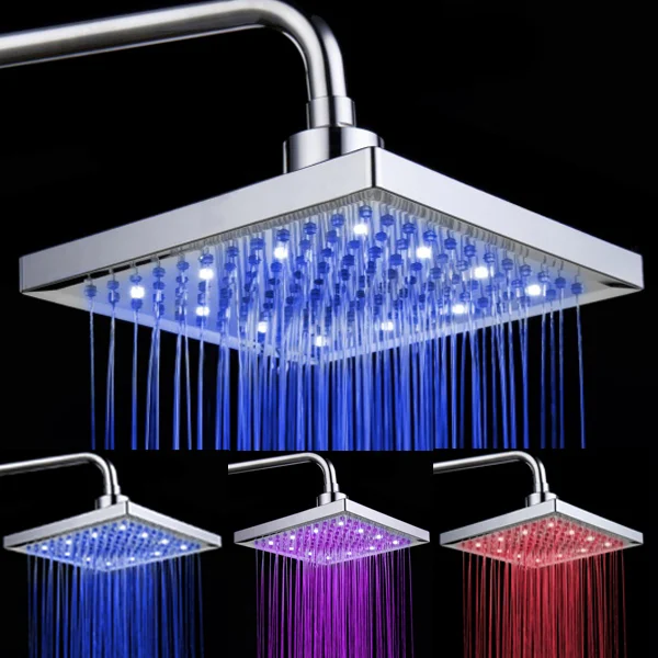 

8-inch Temperature Control 3-Color Changing LED Light Square Shaped Water Shower Nozzle