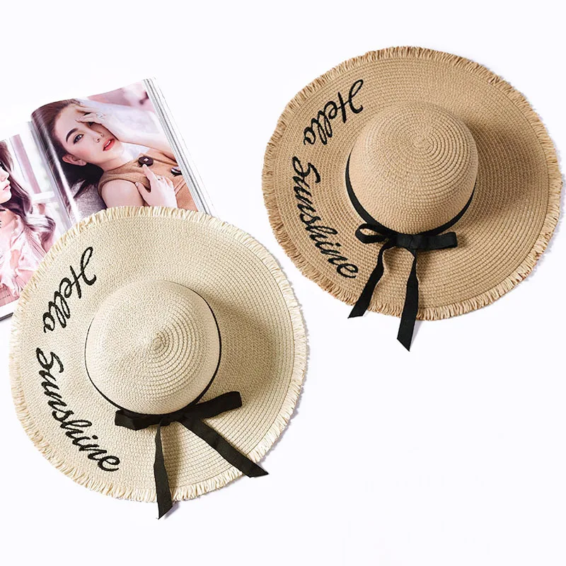 

Embroidery Summer Straw Hat Women Wide Brim Sun Protection Beach Hat 2019 Adjustable Floppy Foldable Sun Hats for Women Ladies