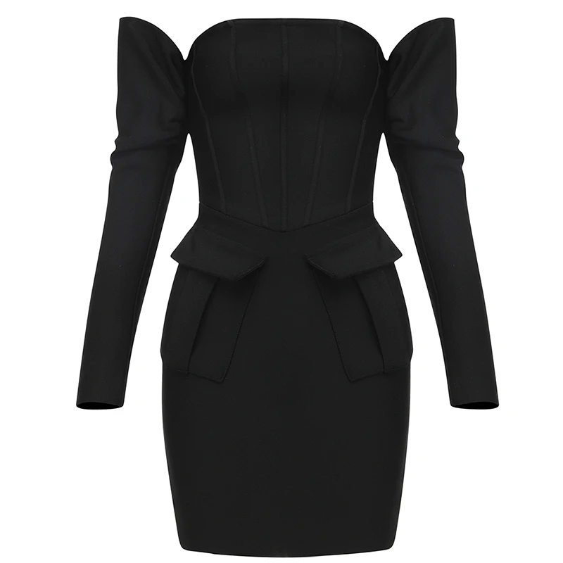 

Sexy Off Shoulder Long Sleeve Vestidos Women Summer Casual Slim Black Mini Party Dress 2021 French Banquet Femme Robe B22061