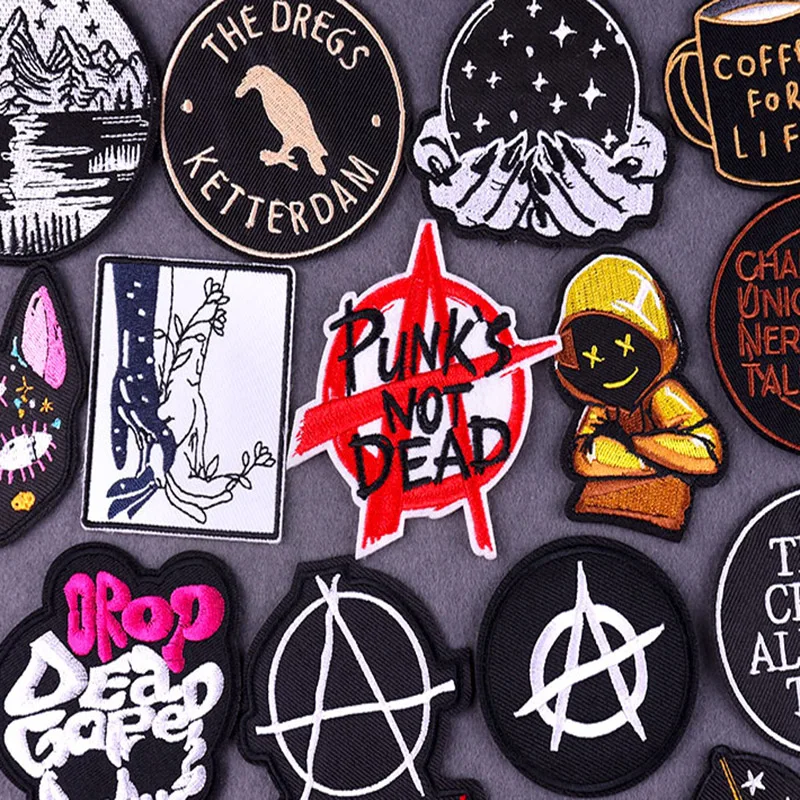 

Hippie Punk Rock Skull Patch Embroidery Patches For Clothing Letter Stripes Stickers Iron On Patches On Clothes Biker Badges DIY